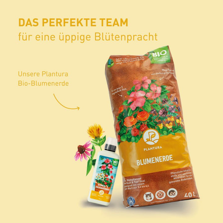Flüssiger Bio-Blumendünger und Bio-Blumenerde von Plantura