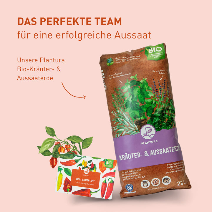 Plantura Bio-Kräuter- & Aussaaterde und Chili Samen-Set