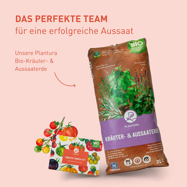 Plantura Bio-Kräuter- & Aussaaterde und Tomaten-Saatgut-Set